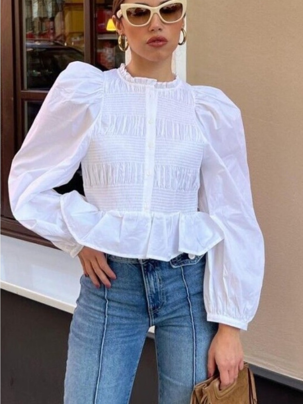 Zara White Smocked Peplum Long-Sleeve Top